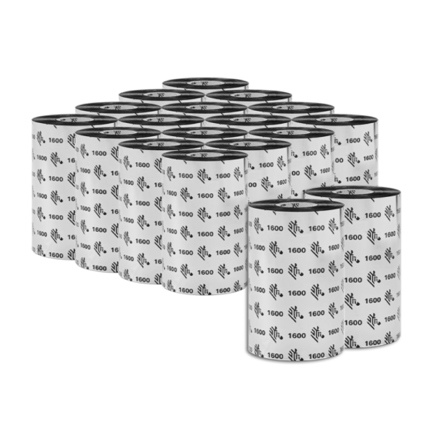 Cinta de Cera 1600 Zebra de 110mm x 450m (4.33pulg x 1476pies) Nuc 1pulg Caja con 18pzs