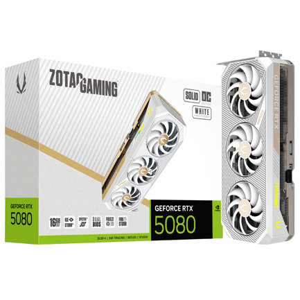 Tarjeta de Video Zotac Gaming Solid White GeForce RTX5080 OC 16GB Triple Fan RGB GDDR7 256-bit PCIe 5.0 x16 1xHDMI 3xDP