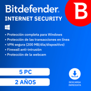 Licencia Antivirus Bitdefender ESD Internet Security 2 Años 5 Usuarios